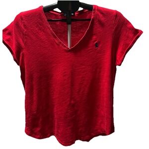 Polo Ralph Lauren Women's TShirt Size L Red Short Sleeve Rounded Hem Navy Pony